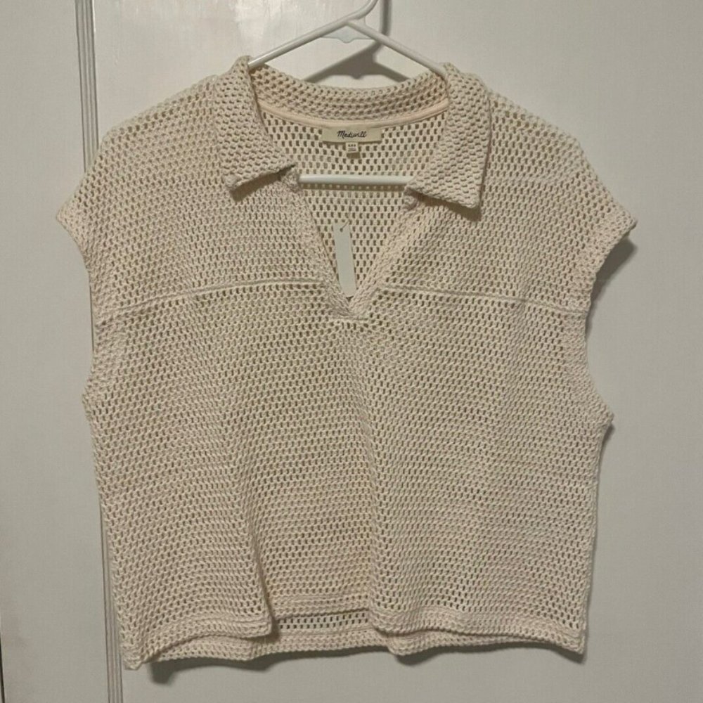 XXS Madewell Cream Crochet Box Crop Top Collared Neck See Through